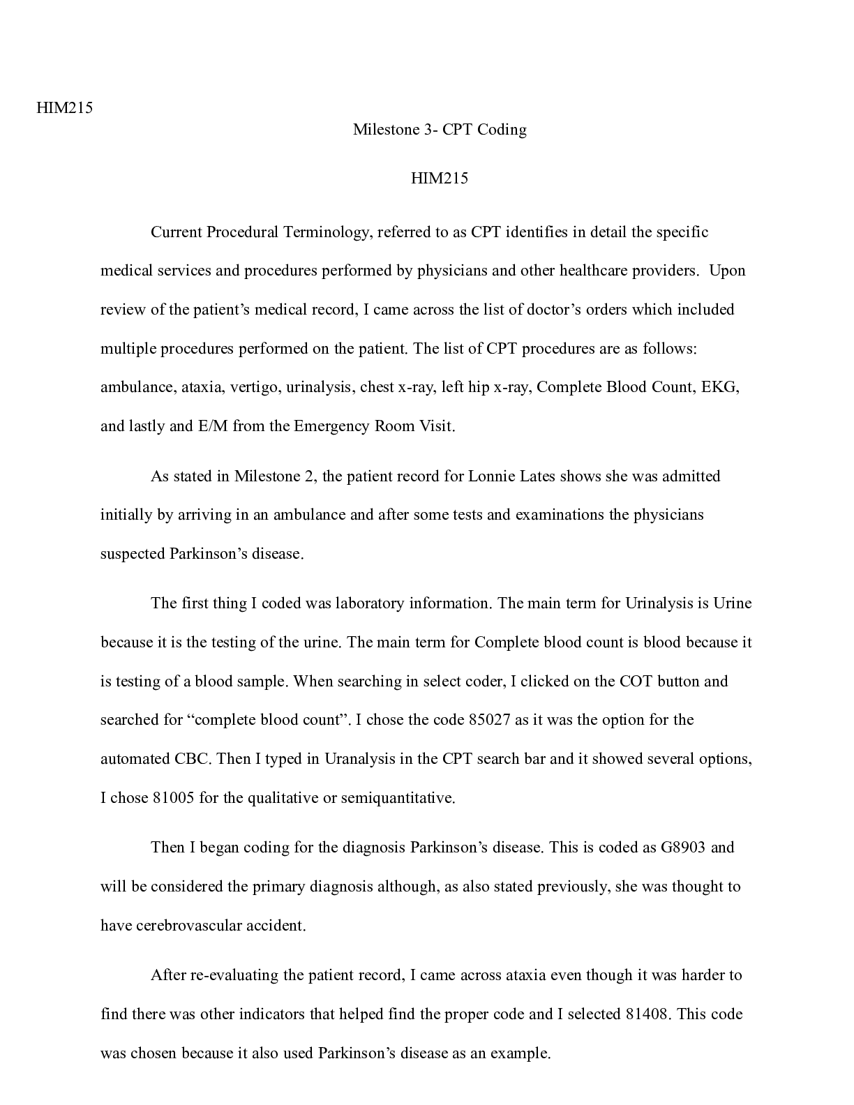 Preview image for Milestone 3| (1)  HIM215  Milestone 3- CPT Coding  HIM215  Current Procedural Terminol